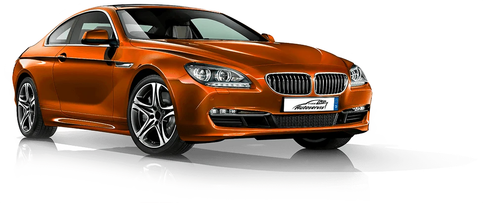 Oranžové BMW řady 6 s logem MP Autoservis na poznávací značce